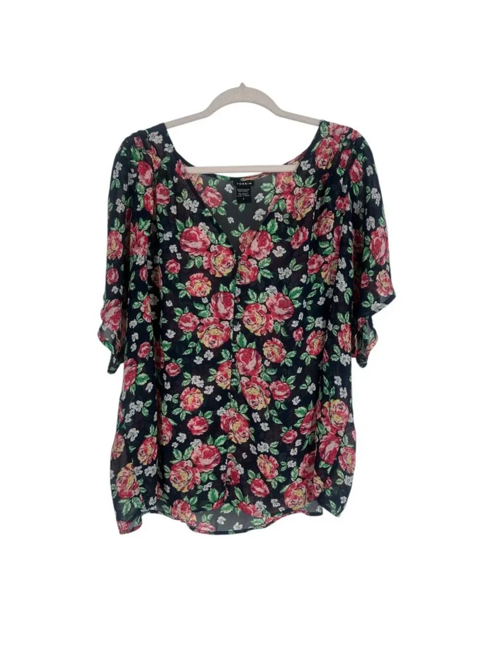 Torrid Black Pink Floral Chiffon Blouse 2X 3/4 Flutter Sleeve Whimsigoth Boho - Picture 1 of 8